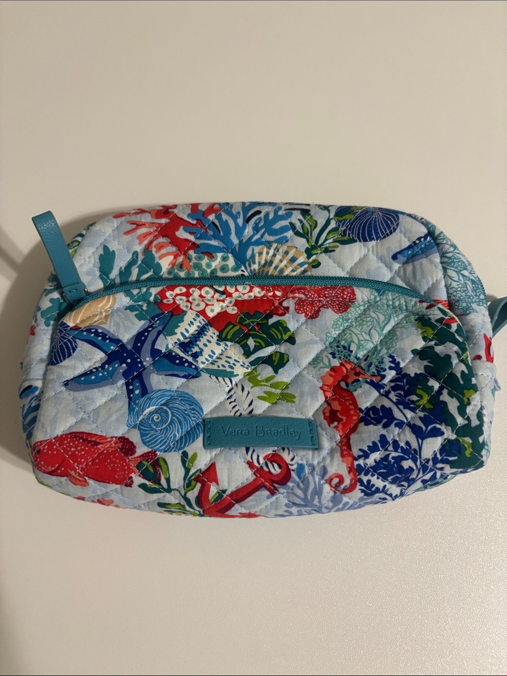 Vera Bradley Quilted Sea Life Cosmetic Pouch in Teal, Red, Blue